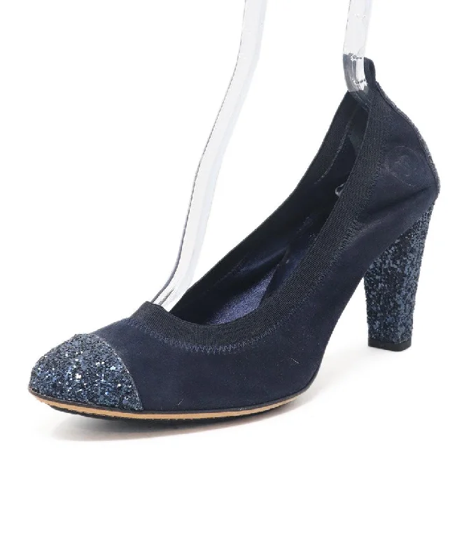 Chanel Navy Suede Glitter Heels sz 11.5