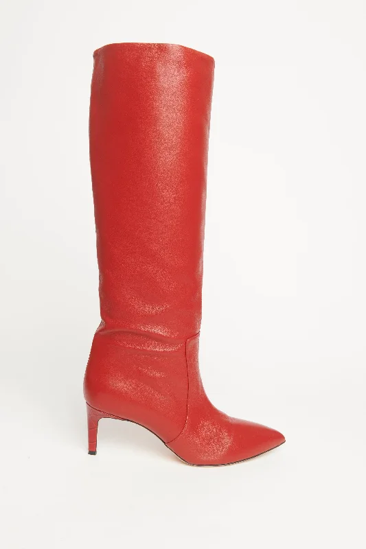 Red Leather Knee High Preowned Boots