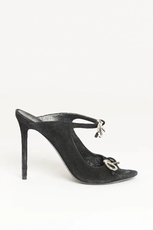 Black Suede Preowned Bow Peep-Toe Mules