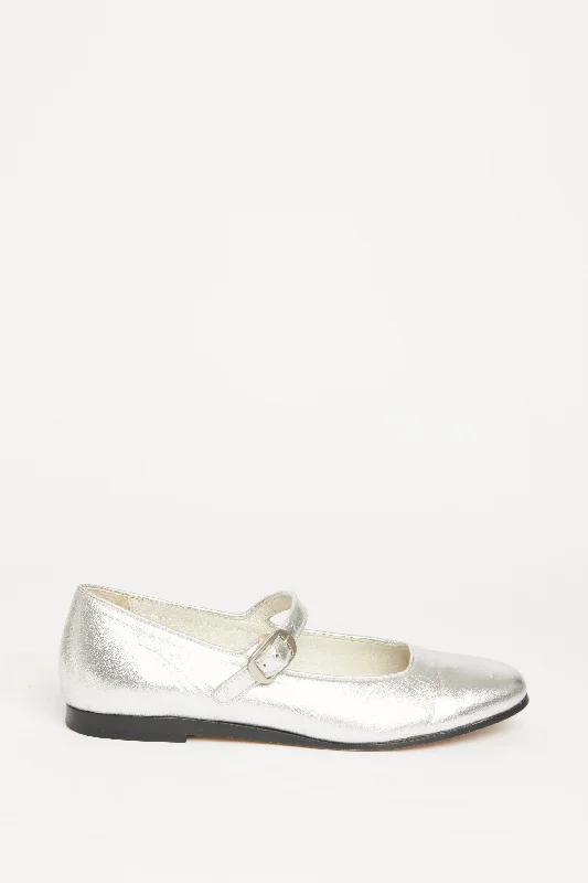 Mary Jane Round-toe Metallic-leather Preowned Flats