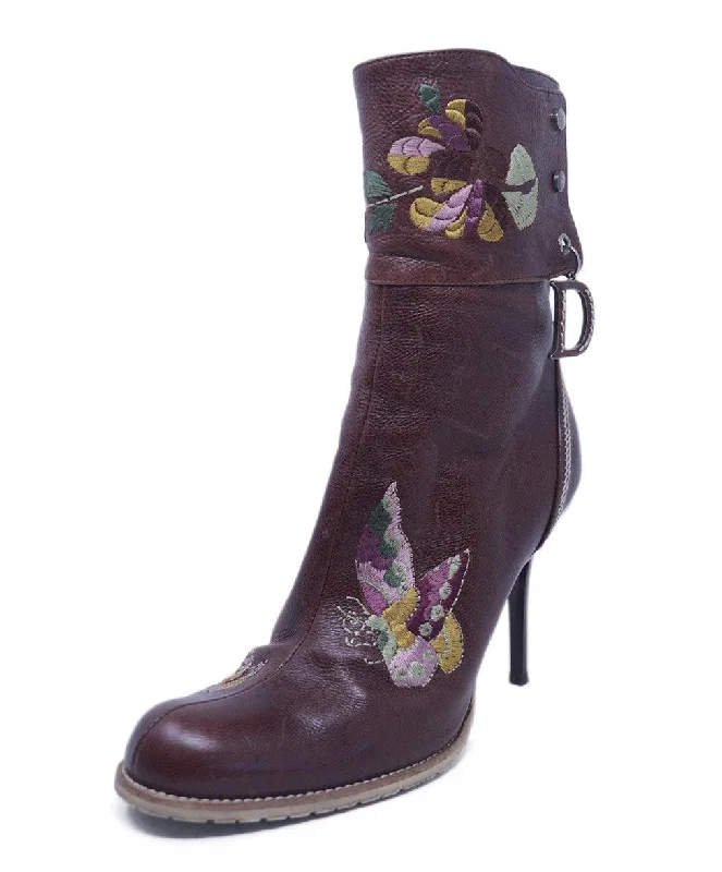 Christian Dior Brown Leather Embroidered Boots sz 7.5