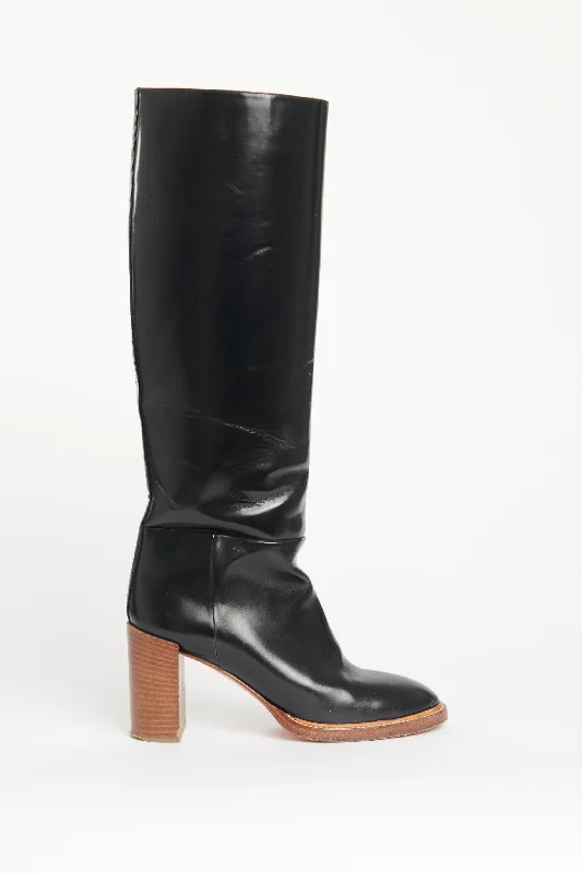 Black Shiny Leather Preowned Bocca 75 Knee Length Boots