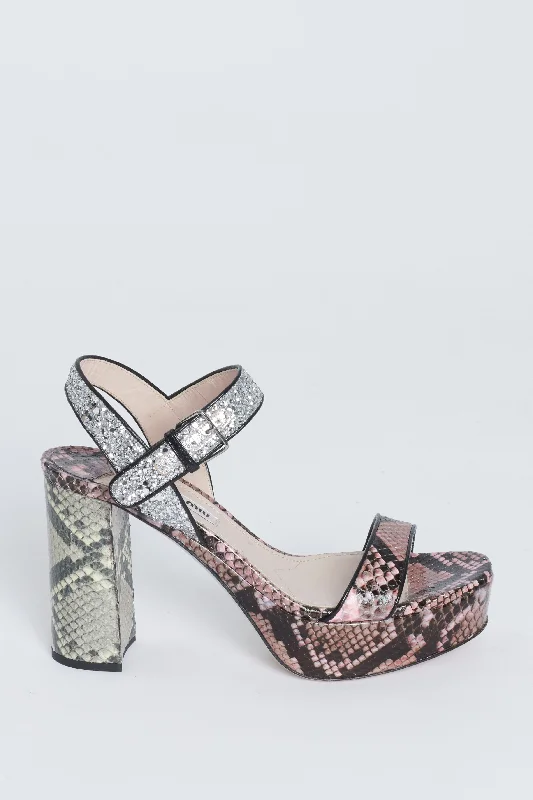 Pink Snakeskin Print Glitter Preowned Platform Sandals