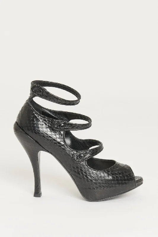 Black Python Strappy Preowned Spy Heeled Sandals