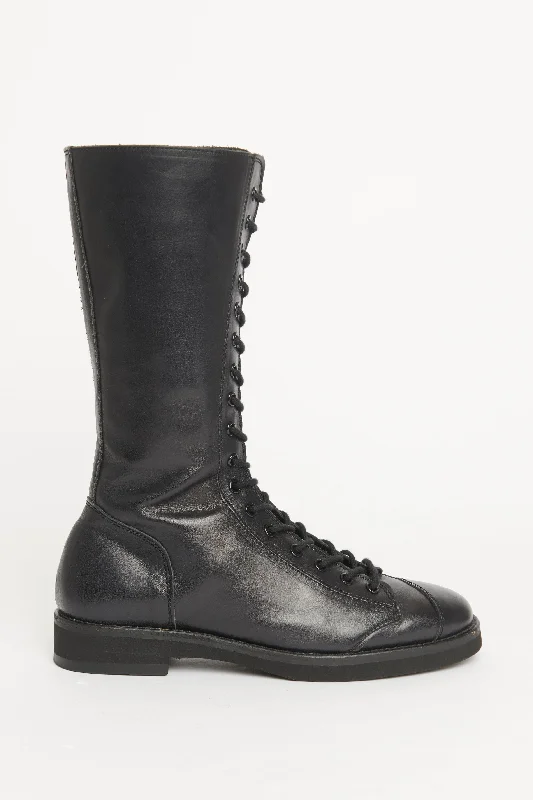 Leather Ebony High Lace-Up Preowned Boots