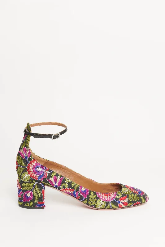 Floral Brocade Ankle Strap Block Heel Preowned Pumps