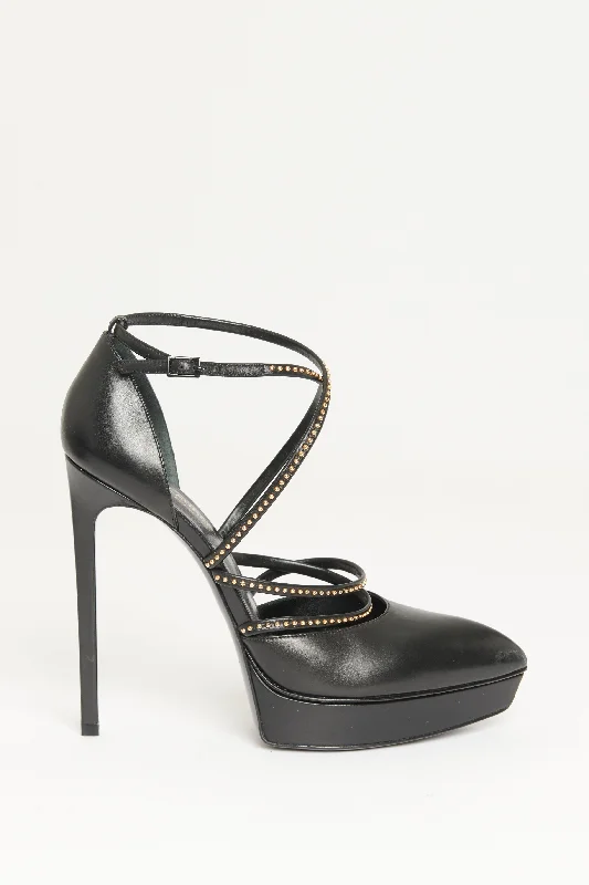 Black Leather Preowned Studded Janis Pumps