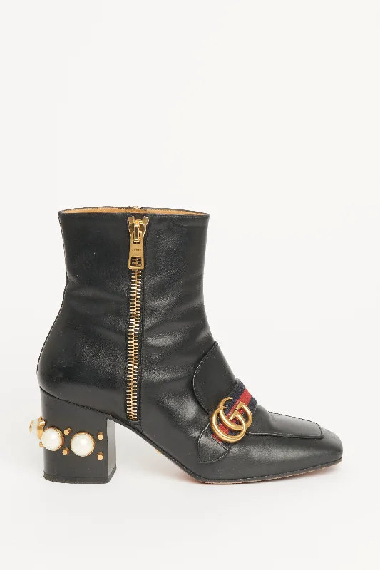 Black Leather GG Pearl Embellished Preowned Marmont Boots