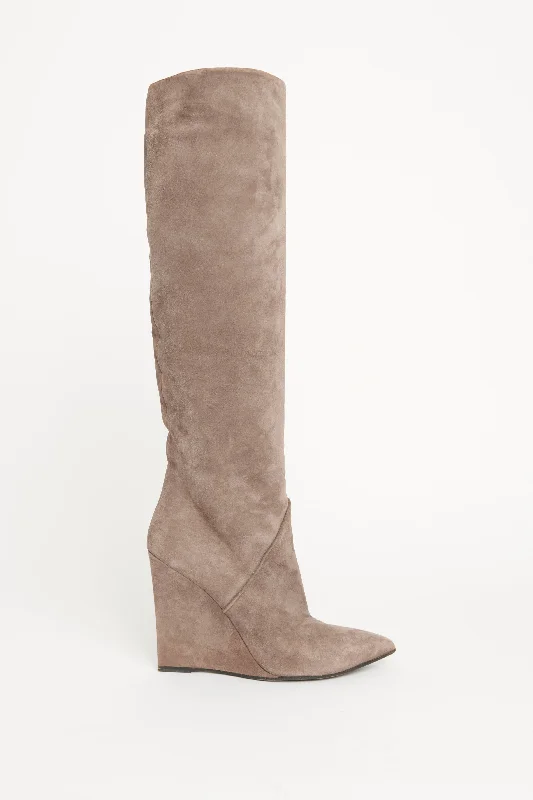 Grey Suede Wedge Knee Preowned Boots