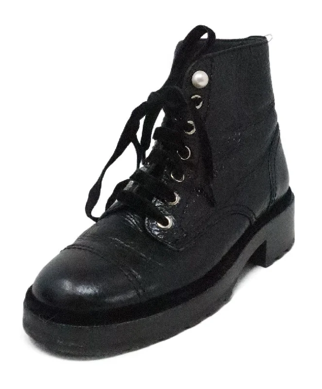 Chanel Black Leather Lace Up Booties sz 6.5