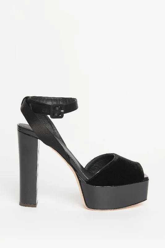 Black Velvet & Patent Leather Preowned Platformed Sandals