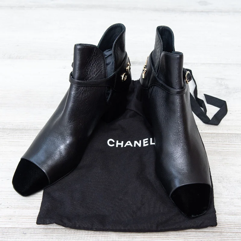 Chanel Black Leather Ankle Boots Velvet Toe Detail