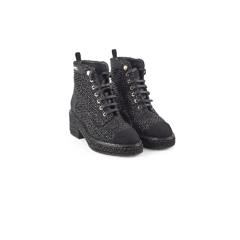 Chanel Tweed Black Boots Size 35.5