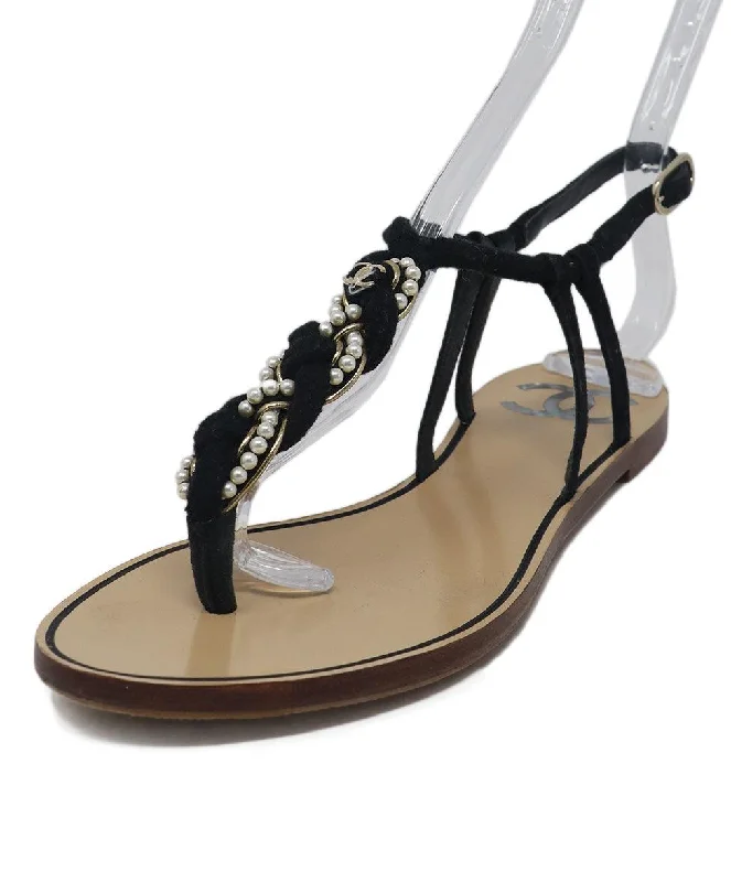 Chanel Black Suede & Pearl Rope Sandals sz 8.5