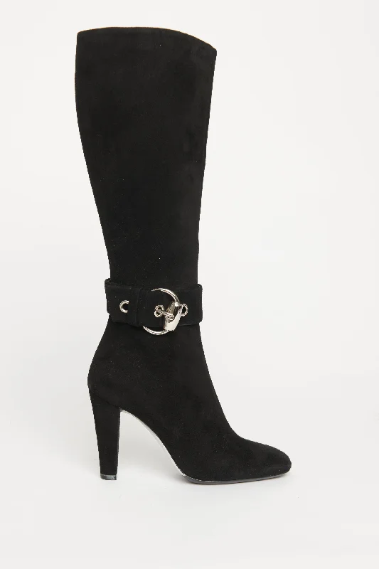 Suede Silk Buckle Preowned Knee High Boots