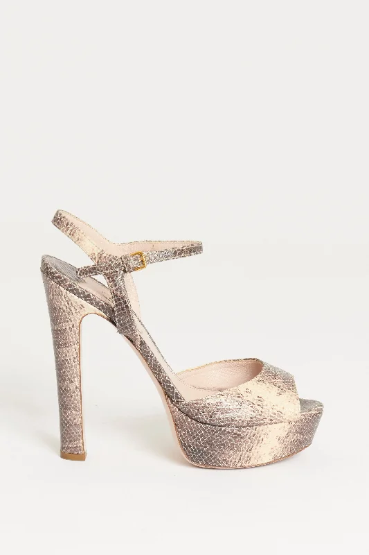 Ivory/Brown Snakeskin Preowned Heeled Sandals