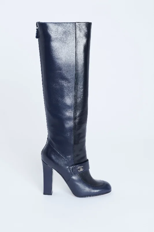 Navy and black leather Preowned Knee High Heeled Boots