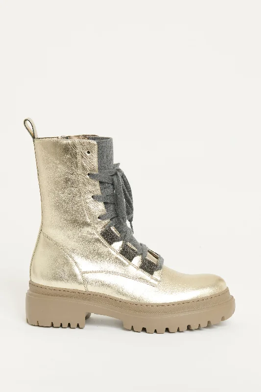 Gold Platino Leather Preowned Lace Up Chunky Boots