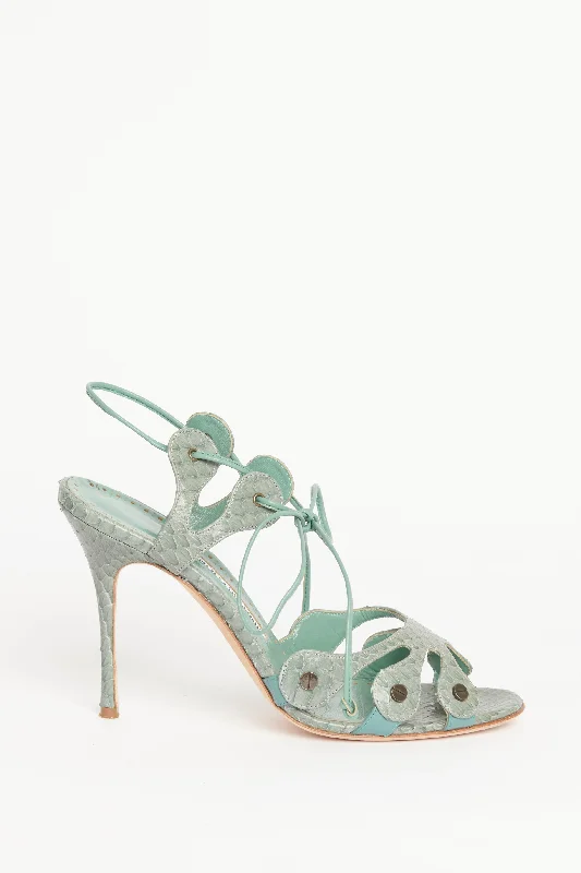 Light Green Snakeskin Preowned Rigora Lace Up Sandals