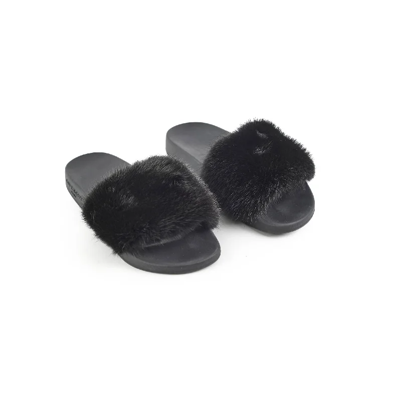 Givenchy Black Fur Slides Size 36