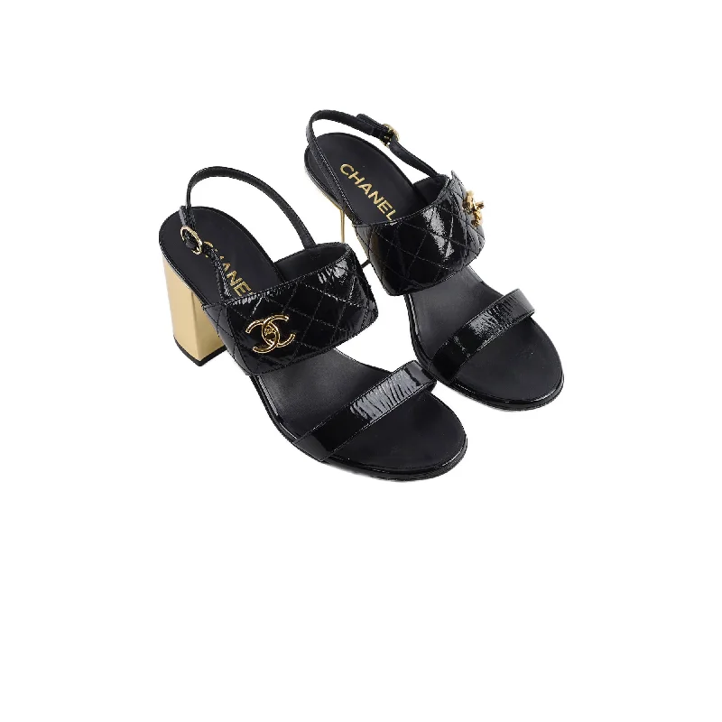 Chanel Patent Quilted Turnlock Sandals Black/Gold Size 40.5C