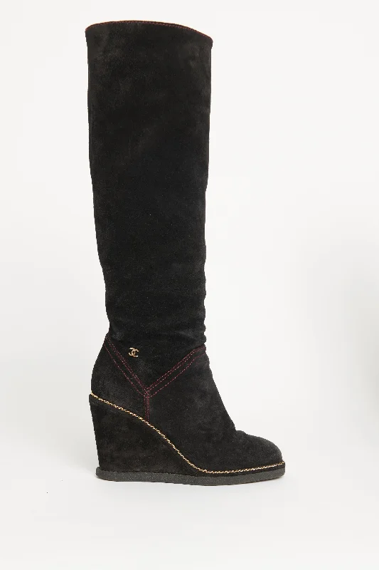 Black Suede Preowned High CC Wedge Boots