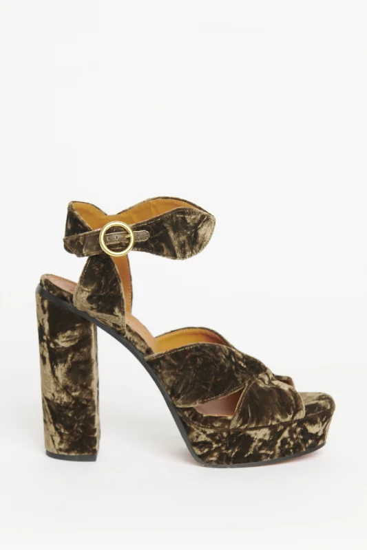 Brown Crushed Velvet Preowned Graphic Leaves Platformed Sandals