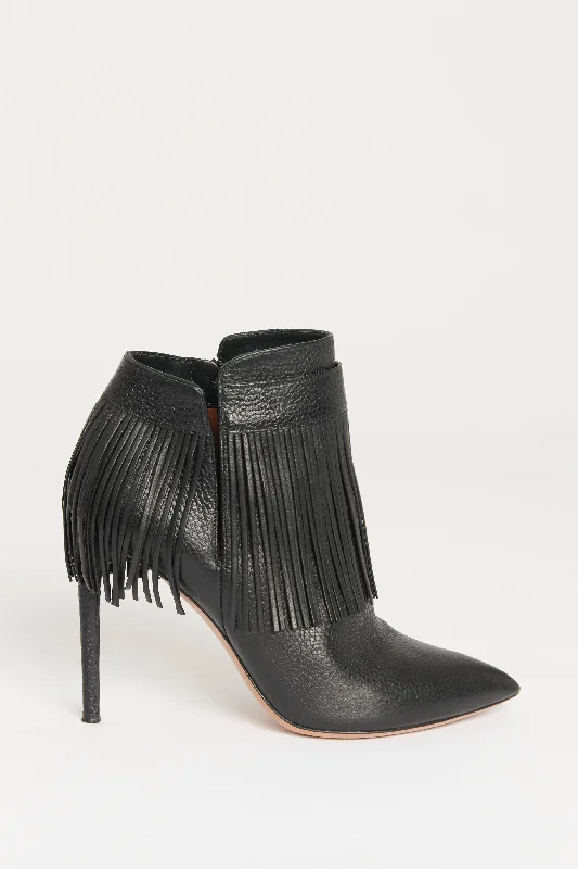 Black Leather Preowned Fringed Ankle Boots