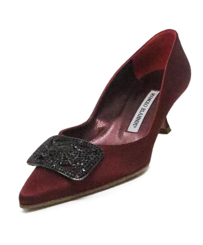 Manolo Blahnik Burgundy Silk Rhinestone Heels sz 6