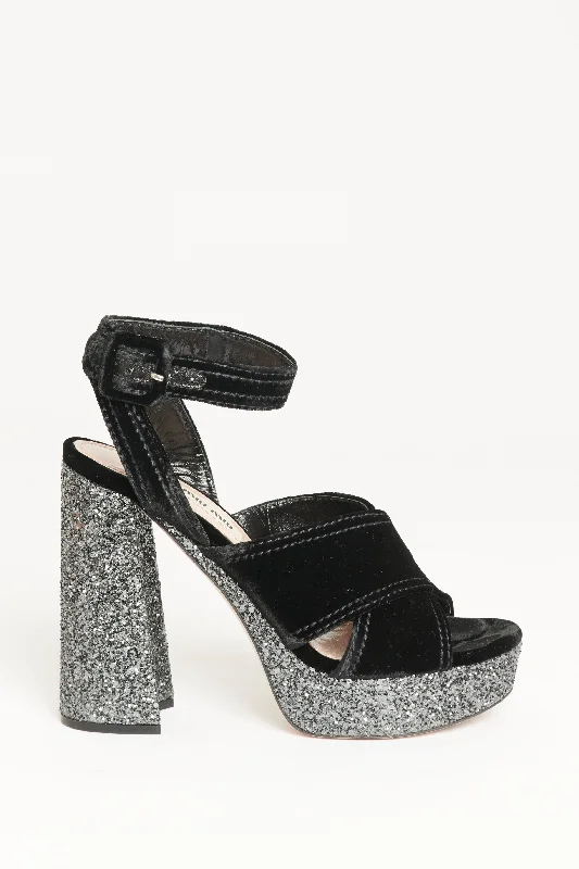 Black Velvet & Glitter Preowned Platformed Sandals