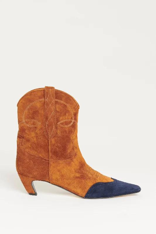 Caramel and Navy Suede Preowned Dallas Ankle Boots