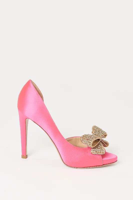 Fuchsia Satin Crystal Bow Preowned Heels