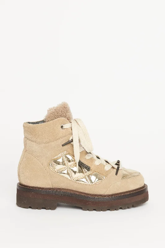 Taupe Suede & Shearling Trimmed Preowned Lace Up Chunky Boots