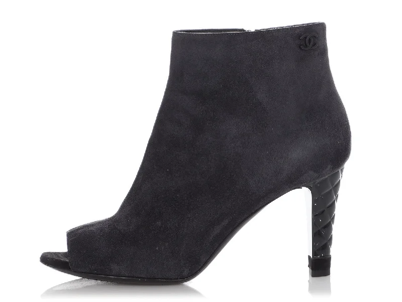 Chanel Gray Suede Peep-Toe Booties