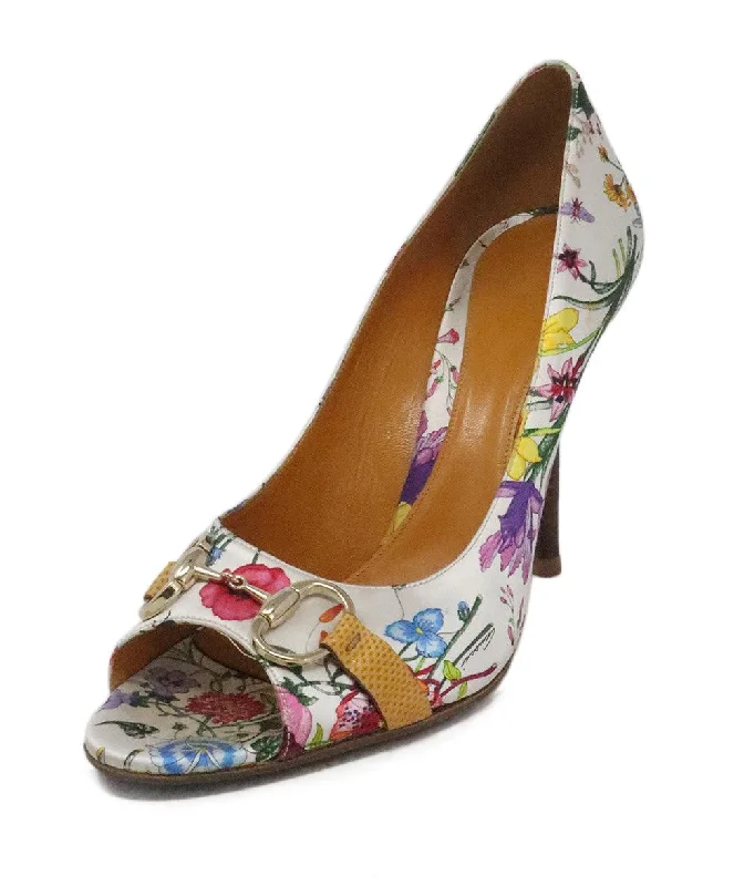 Gucci White & Multicolor Floral Satin Heels sz 11