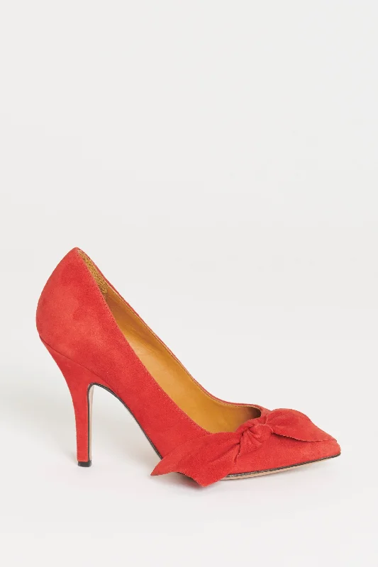 Red Suede Preowned Bow Appliqué Pumps