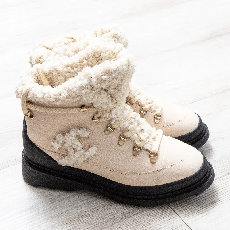 Chanel Cream Shearling Ankle Boots Size 39.5