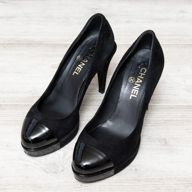 Chanel Black Suede Cap Toe Platform Pumps