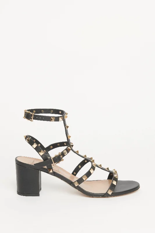 Rockstud Leather Block Heel Preowned Sandal