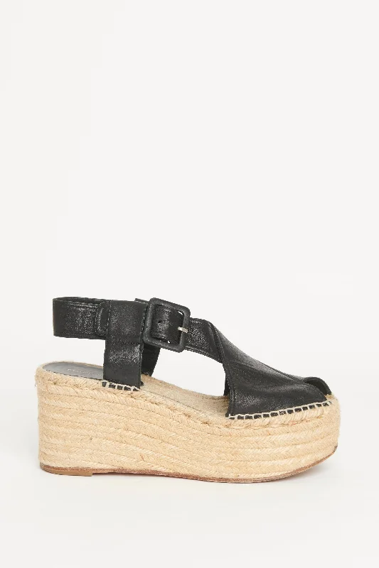 Black Leather Peep Toe Preowned Wedges