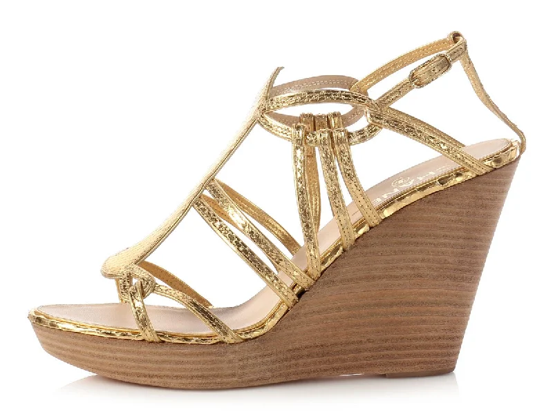 Chanel Gold Python Wedge Sandals