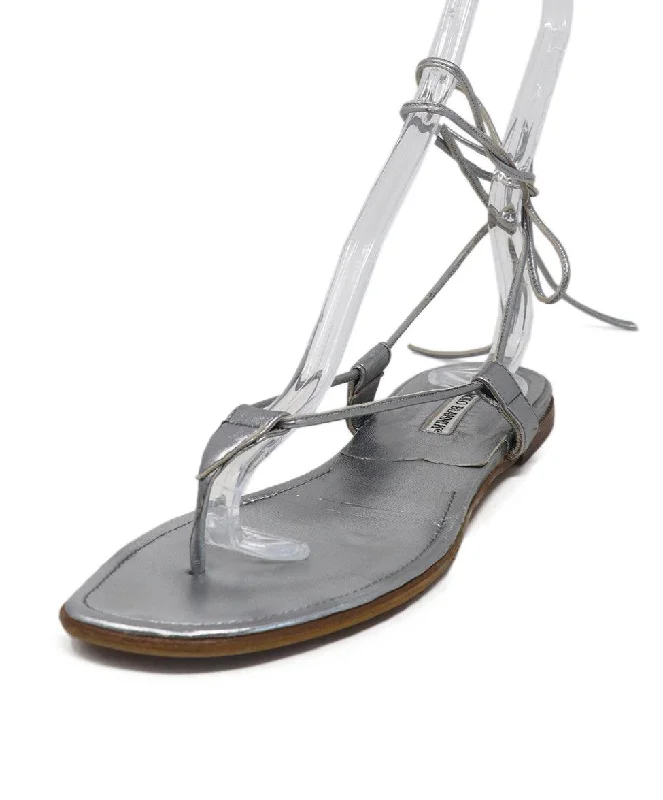 Manolo Blahnik Silver Leather Sandals sz 9