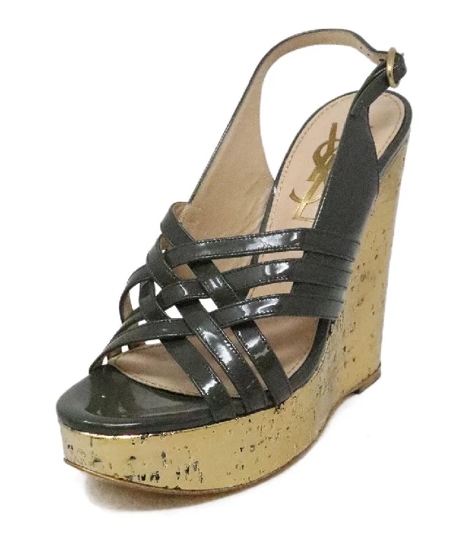 YSL Grey Patent Leather & Gold Cork Wedges sz 7