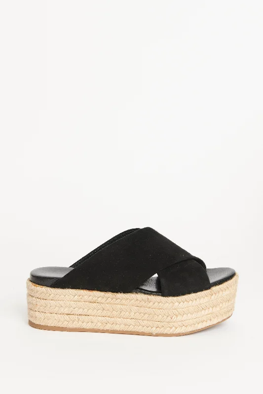 Black Suede Preowned Platformed Crossover Slide Wedges