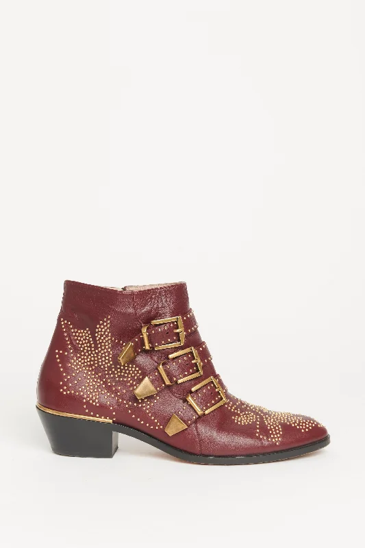 Burgundy Leather Preowned Studded Susanna Ankle Boots