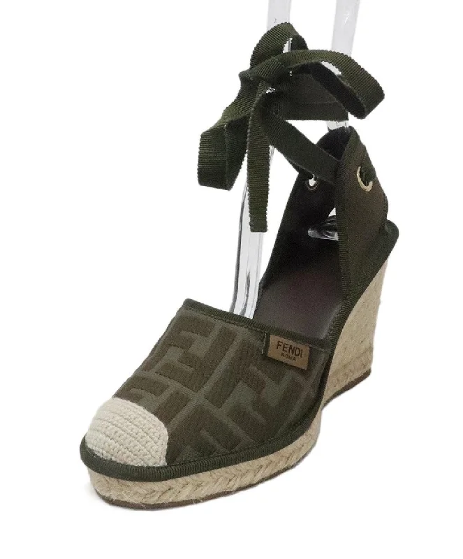 Fendi Green Canvas Espadrilles Wedges sz 6