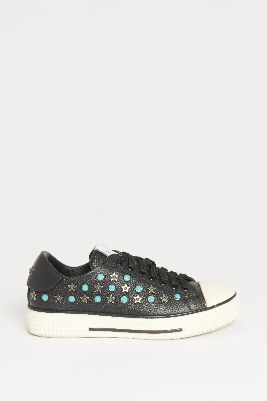 Black Leather Star Studded Preowned Sneakers