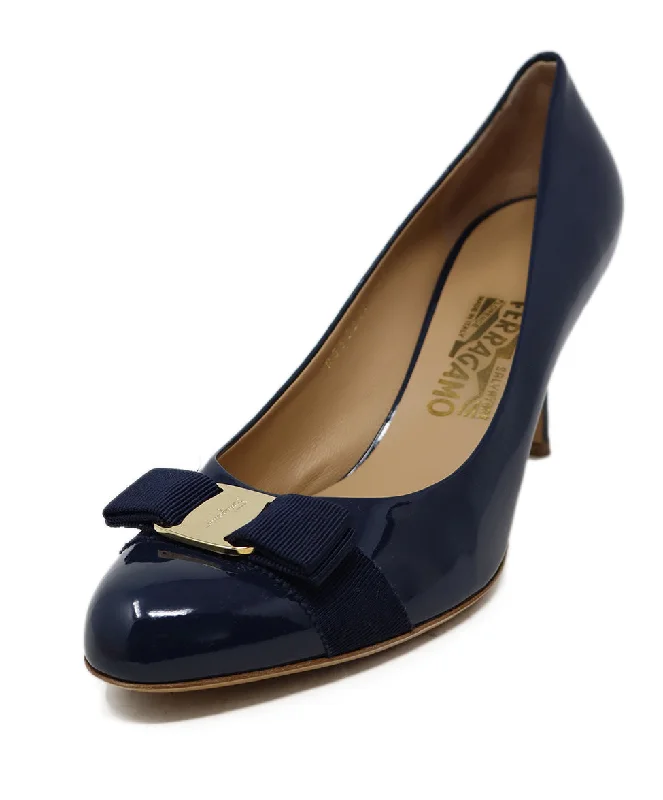 Ferragamo Navy Patent Leather Bow Heels sz 10.5