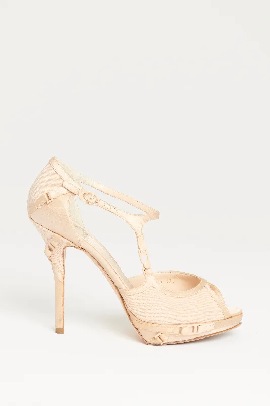 2009 Galliano Beige Satin and Mesh Preowned Bra Strap Peep Toe