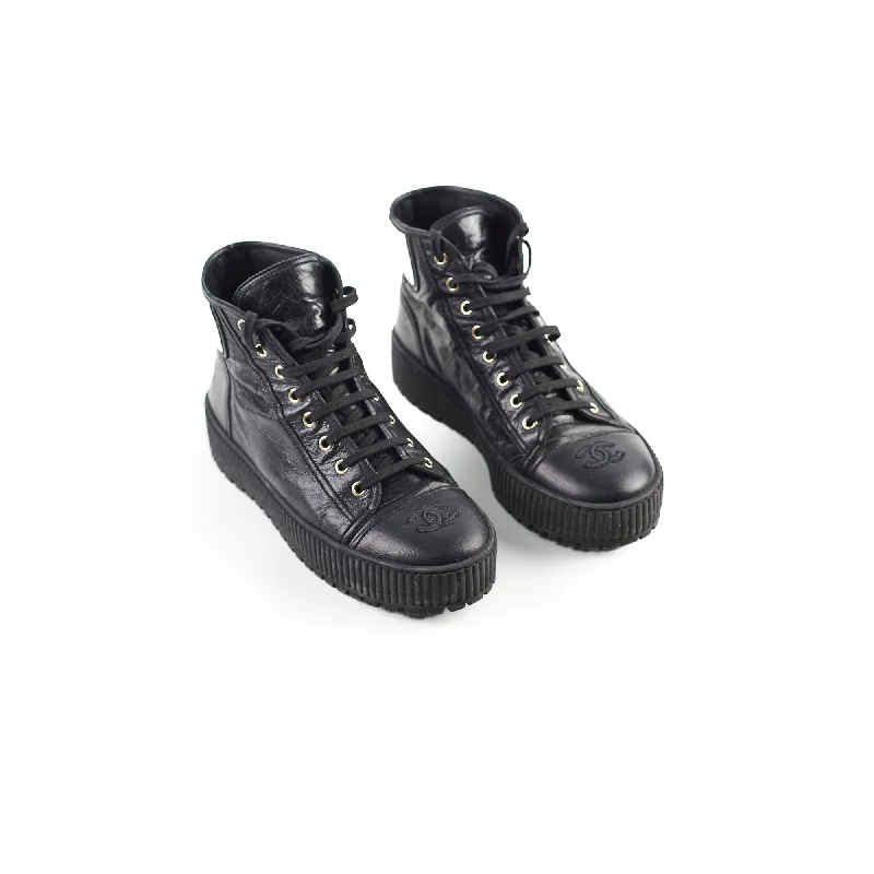 Chanel Calfskin Cap Toe Lace Up Boots Black Size 40.5C